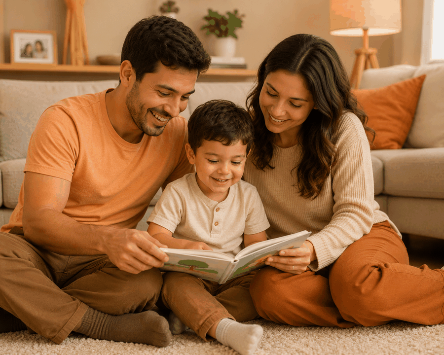 Padre y madre leyendo con su hijo